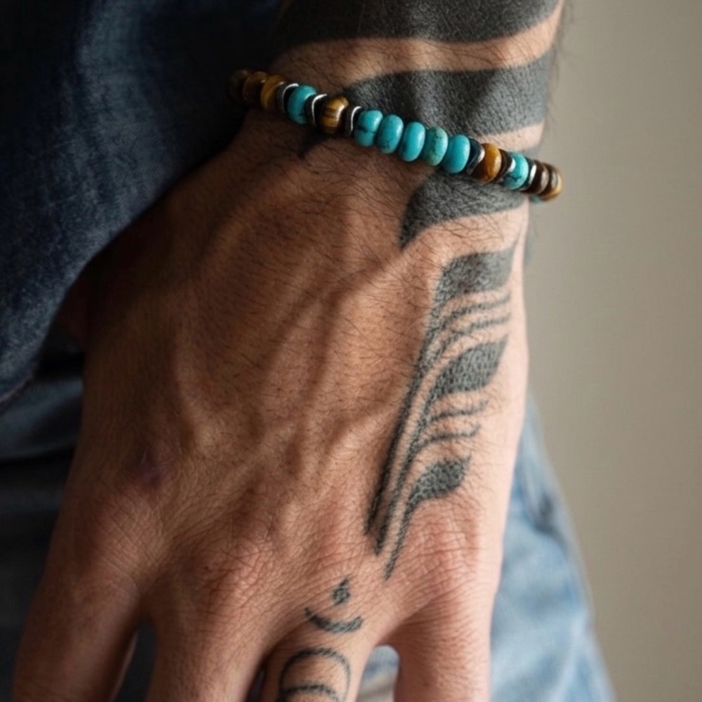 Turquoise and Brown Tigers eye Beaded Bracelet Sterling Silver - Picture 3 of 5